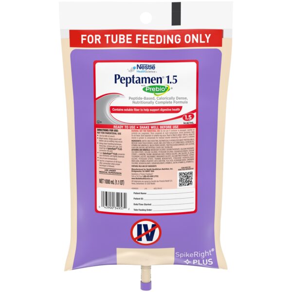 Peptamen 1.5 with Prebio1 Ready to Hang Tube Feeding Formula, 33.8 oz. Bag